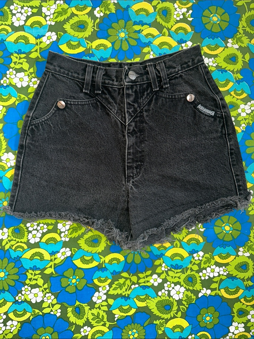 VTG 90s Black Jean Shorts High-Rise WESTERN Belt loops & front SNAP POCKETS 3/4